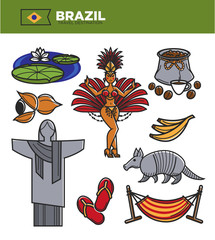 Brazil tourism travel landmarks and famous sightseeing vector icons set