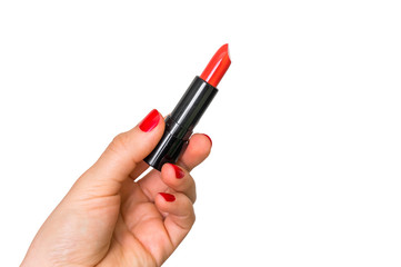 Female hand with red lipstick isolated on white