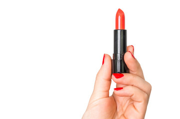 Red lipstick in female hand isolated on white