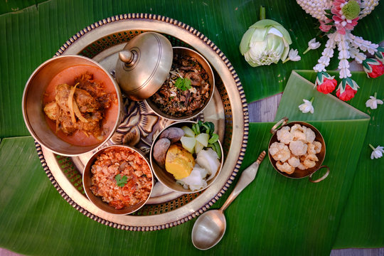 thailand northern food cuisine tradition on banana leaf background.