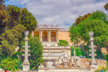 Obraz premium Fountain of Rome's Goddess and Terrace de Pincio (Terrazza del Pincio) near People Square (Piazza del Popolo) in Rome. Italy.