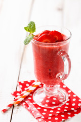 Berry drink. Strawberry smoothie. Berry milkshake. Selective focus. Copy space.