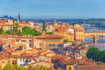 Obraz premium Beautiful landscape above, panorama on historical view of the Florence from Piazzale Michelangelo point. Morning time.