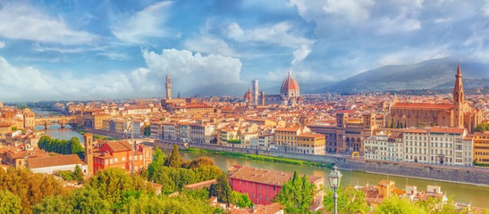 Beautiful landscape above, panorama on historical view of the Florence from  Piazzale Michelangelo point. Morning time.