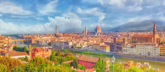 Foto op Plexiglas Beautiful landscape above, panorama on historical view of the Florence from  Piazzale Michelangelo point. Morning time. © BRIAN_KINNEY