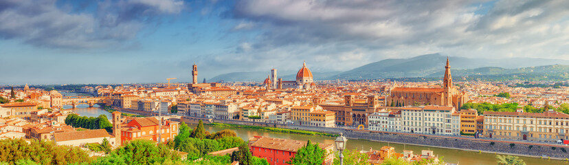 Fototapeta na wymiar Beautiful landscape above, panorama on historical view of the Florence from Piazzale Michelangelo point. Morning time.