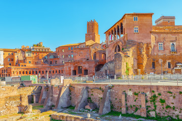 Fototapeta premium Landscape of the Rome- one of most beautiful cities in the world: Trajan's Forum (Foro Traiano), The House of the Knights of Rhodes (Casa dei Cavalieri di Rodi).