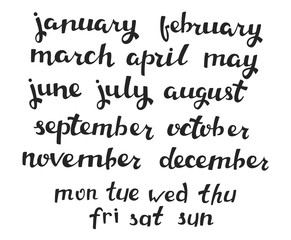 Hand-drawn Calendar Set. Set of Months of the Year and Days of Week. Handlettering Isolated on White.
