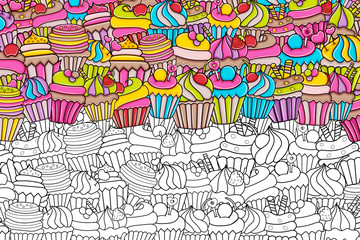 Cupcake cartoon doodle outline design. Cute black and white lineart background concept for birthday or party decoration, greeting card,  banner, flyer, brochure. Hand drawn vector illustration. 