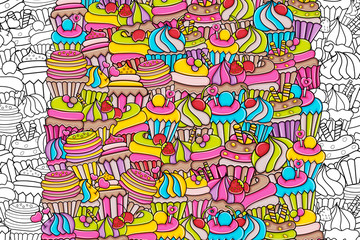 Cupcake cartoon doodle outline design. Cute black and white lineart background concept for birthday or party decoration, greeting card,  banner, flyer, brochure. Hand drawn vector illustration. 