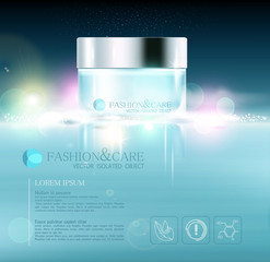 Vector glass jar on bokeh background. Element for modern design, advertising for sales, template cosmetic face cream, body. Realistic 3d illustration.
