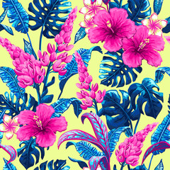 Tropical seamless pattern with palm leaves.