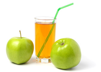 Green apple with juice isolated on white background