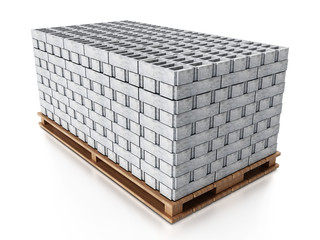 Stack of gray construction bricks standing on wooden base. 3D illustration