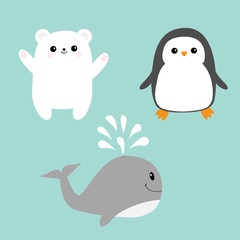 Arctic polar animal icon set. White bear, penguin bird, whale. Kids education cards. Cute cartoon character. Blue background Isolated. Flat design.