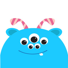 Obraz premium Blue monster head with ears, tooth and horns. Black color. Funny Cute cartoon character. Baby collection. Isolated. Happy Halloween card. Flat design. White background.