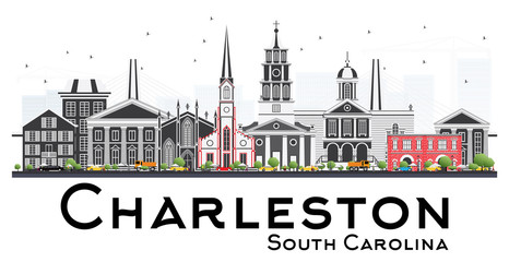 Fototapeta premium Charleston South Carolina Skyline z szarymi budynkami na białym tle.