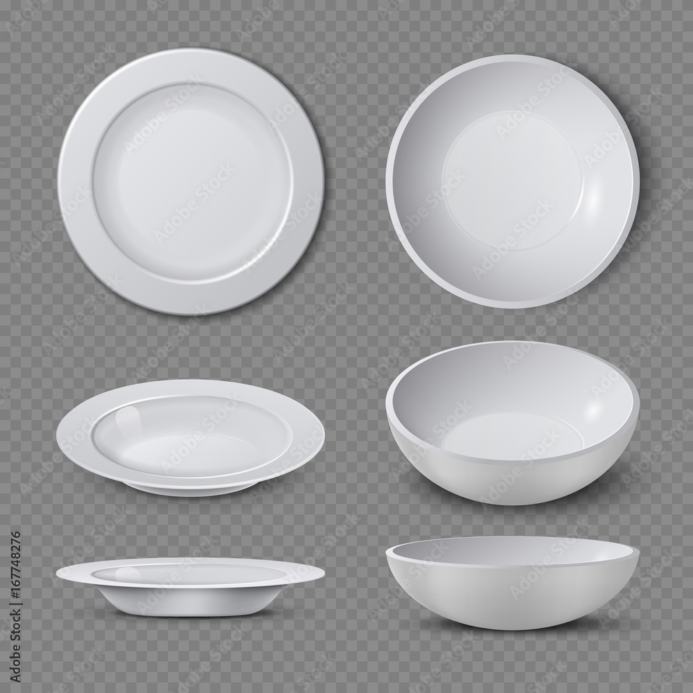 Poster white empty ceramic plate in different points of view isolated vector illustration