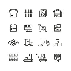 Storage service, warehouse, package delivery and equipment vector line icons