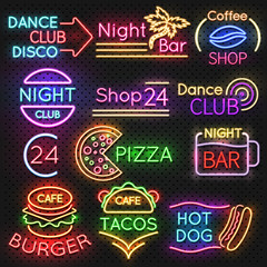 Fototapeta na wymiar Bright roadside neon signs. Fast food and beer pub light vector icons