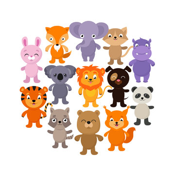Forest, savana and jungle baby animals. Cartoon vector character set