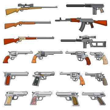Various rifle, guns and pistols cartoon vector weapons icons