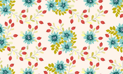 Seamless folk pattern in small wild flowers. Country style millefleurs. Floral meadow background for textile, wallpaper, pattern fills, covers, surface, print, gift wrap, scrapbooking, decoupage.