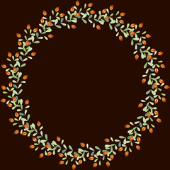 Floral round frame from cute flowers. Greeting card template. Design artwork for the poster, tee shirt, pillow, home decor. Summer flowers with green leaves.