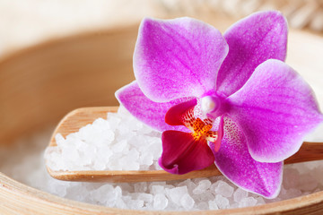 Large White sea salt in a natural wooden bowl