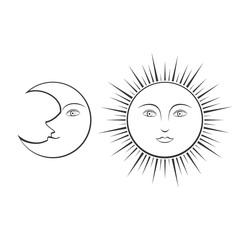 moon and sun with faces, line illustration for coloring