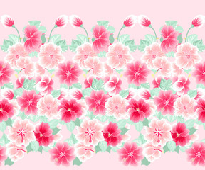 Obraz na płótnie Canvas Seamless gorgeous border in tropical flowers of hibiscus. Floral exotic background for textile, wallpaper, pattern fills, covers, surface, print, gift wrap, scrapbooking, decoupage.