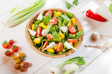 healthy vegan lunch bowl, top view vegetables salad
