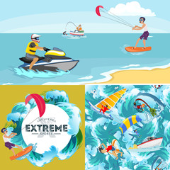 Set of water extreme sports backgrounds, isolated design elements for summer vacation activity fun concept, cartoon wave surfing, sea beach vector illustration, active lifestyle adventure