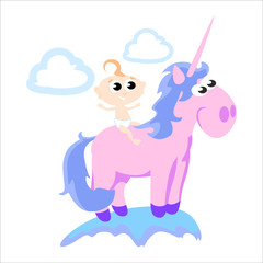 cute unicorn isolated set, magic pegasus flying with wing and horn on rainbow, fantasy horse vector illustration, myth creature dreaming on white background