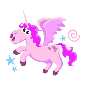 cute unicorn isolated set, magic pegasus flying with wing and horn on rainbow, fantasy horse vector illustration, myth creature dreaming on white background © anutaberg