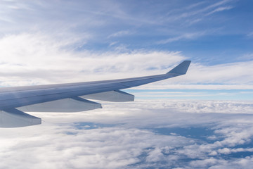 Aerial view of cloud blue sky View from airplane window.