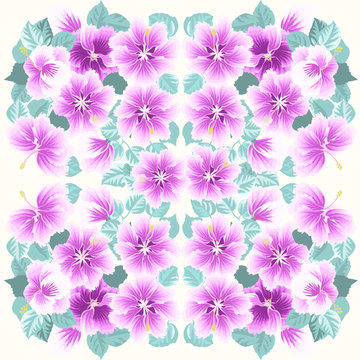 Square composition in tropical flowers of hibiscus. Floral exotic  enchanting background for scarf print, textile, covers, surface, scrapbooking, decoupage. Bandana, pareo design.