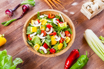 healthy vegan lunch bowl, top view vegetables salad