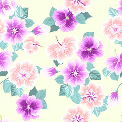 Seamless gorgeous pattern in tropical flowers of hibiscus. Floral exotic background for textile, wallpaper, pattern fills, covers, surface, print, gift wrap, scrapbooking, decoupage.