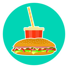 Flat colorful vector lovely fast food couple - cola and sub sandwich. Cute fastfood symbol for cafe, bar, restaurant menu and web design