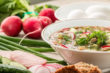 Summer  cold soup with radish, cucumber, and dill. Okroshka