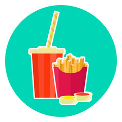 Flat colorful vector lovely fast food couple - cola and french fries. Cute fastfood symbol for cafe, bar, restaurant menu and web design