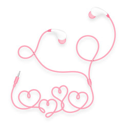 Earphones, In Ear type pink color and heart symbol made from cable isolated on white background, with copy space