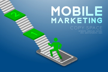 Mobile marketing concept, pictogram man icon green color go to success stair step by step illustration isolated on blue gradient background, with copy space