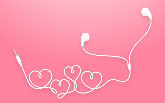 Earphones, Earbud type white color and heart symbol made from cable isolated on pink gradient background, with copy space