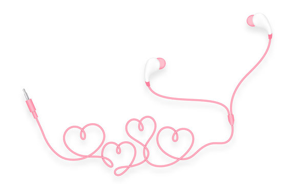 Earphones, In Ear type pink color and heart symbol made from cable isolated on white background, with copy space