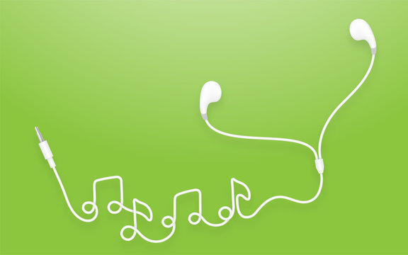 Earphones, Earbud type white color and music note symbol made from cable isolated on green gradient background, with copy space