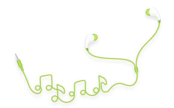 Earphones, In Ear type green color and music note symbol made from cable isolated on white background, with copy space