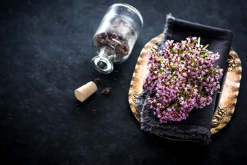 Fresh and dried Marjoram. Origanum vulgare. herbal medicine