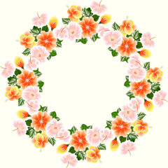 Floral round frame from cute flowers of hibiscus. Vector greeting card template. Design artwork for the poster, tee shirt, pillow, home decor. Tropical flowers with green leaves.